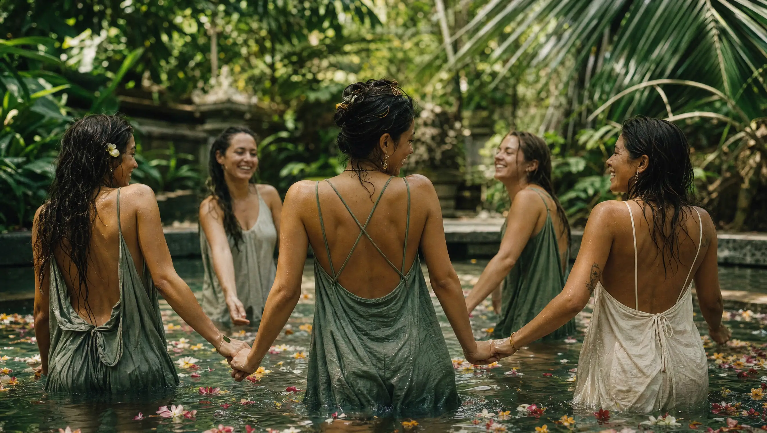 Ženy v přírodním bazénu s květy frangipani na Bali