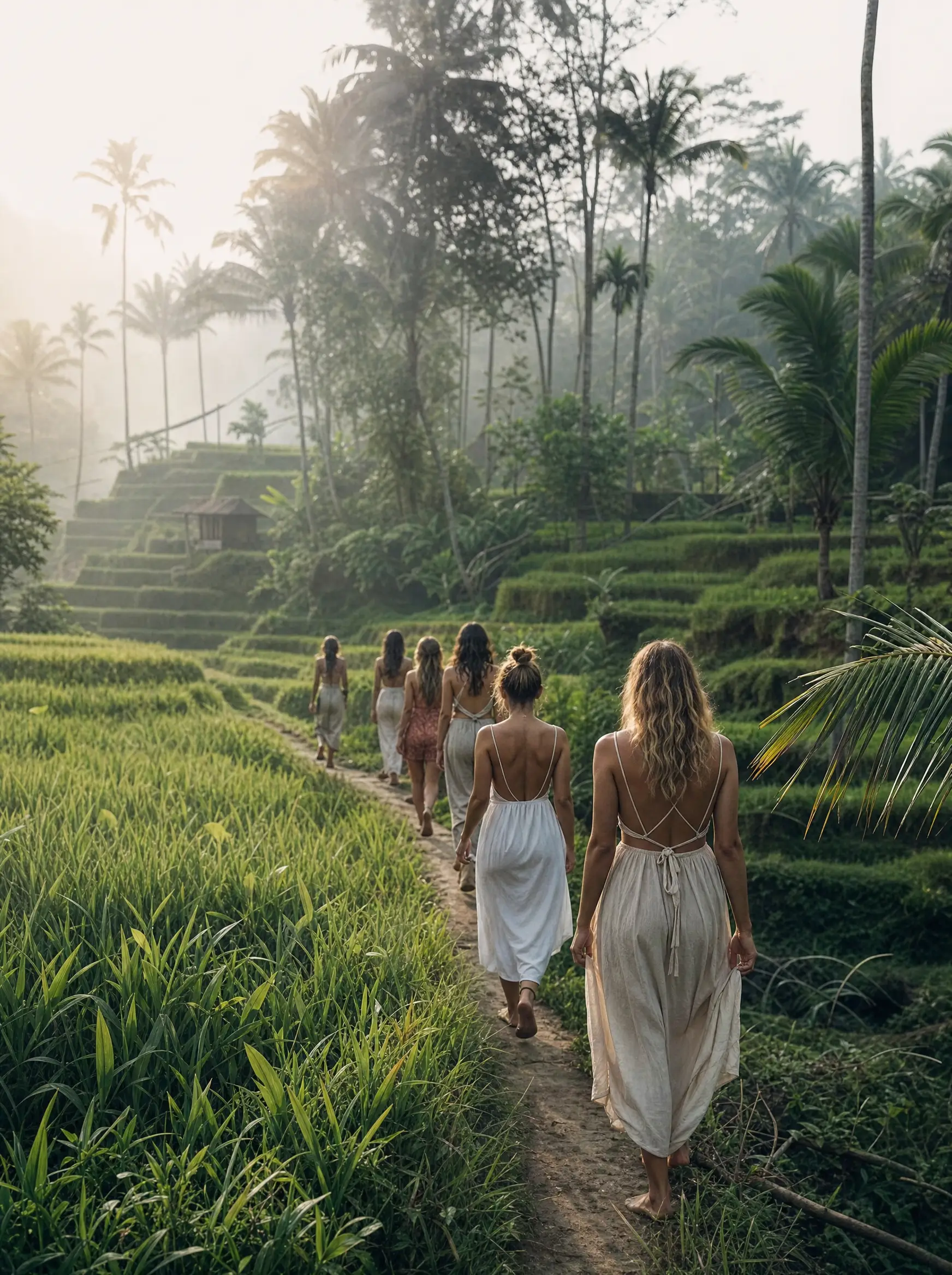 Ženy kráčejí po rýžových terasách na Bali